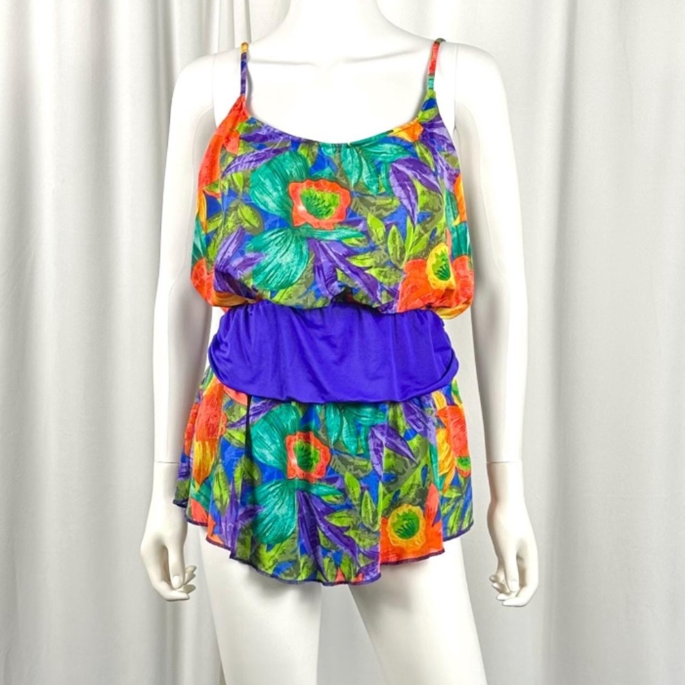 Vintage 1980’s 1990’s ‘Sun Streak’ Tropical Floral Print One Piece Swimsuit - L